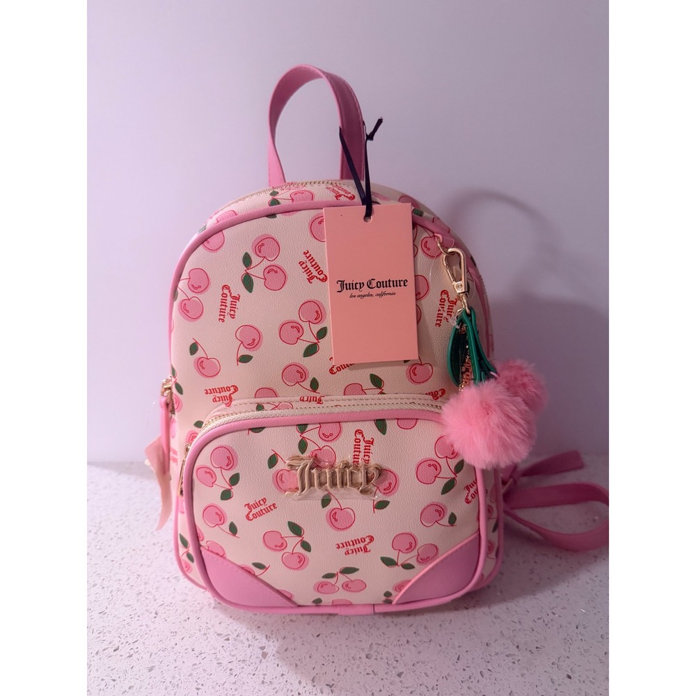 Juicy Couture Cherry Girl Mini Backpack Soft White Pink Pom Pom Charm NWT